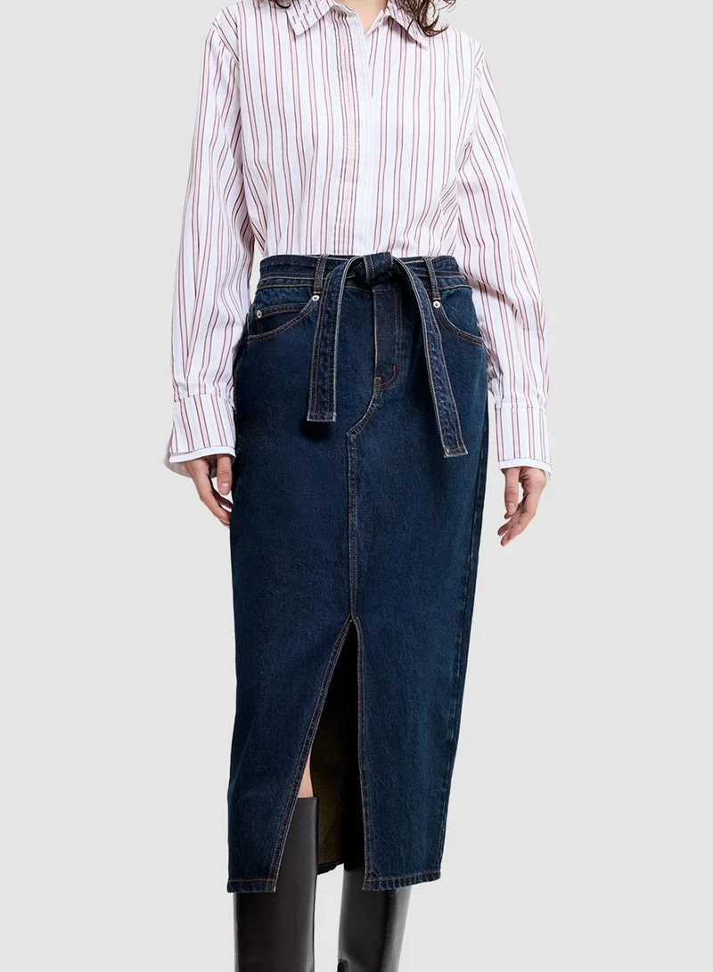 French Connection Dark Indigo Dallas Denim Belted Midi Skirt for Women | Best Price UAE